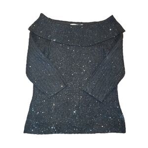 Vie By Victoria Royal Black Sequin Off the Shoulder Wool Silk Sweater M
